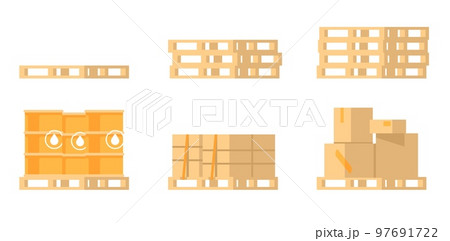 Pallet with cargo. Warehouse storage. Freight transportation. Logistic distribution. Merchandise shipping in storehouse. Cardboard boxes. Stacked crates. Vector wooden platforms set Pallet with cargo. Warehouse storage. Freight transportation. Logistic distribution. Merchandise shipping in storehouse. Cardboard boxes. Stacked crates. Vector wooden platforms set 97691722