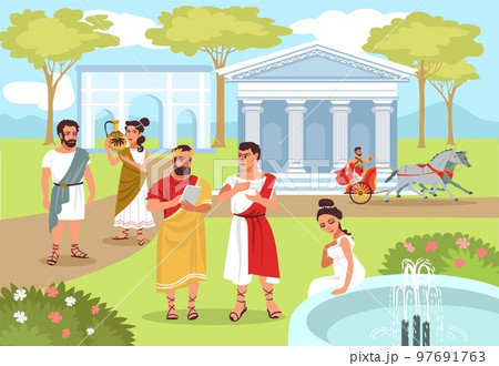 Ancient Roman people. Peaceful life scene. Man in togas driving chariot. Antique civilization. Walking woman in tunic. Beautiful garden. Historical persons. Splendid vector concept 97691763