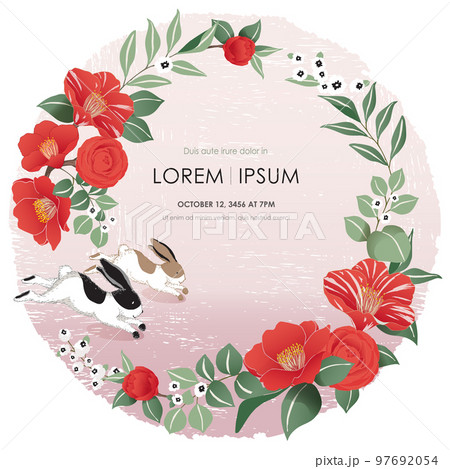 Vector illustration of rabbits and camellia wreath. The year of the rabbit. New Year's Illustration. Design for invitation card, poster, brochure, web design and print project Vector illustration of rabbits and camellia wreath. The year of the rabbit. New Year's Illustration. Design for invitation card, poster, brochure, web design and print project 97692054