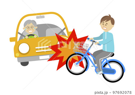 自転車に乗って自動車と交通事故に遭う子供のイラストイメージ 97692078