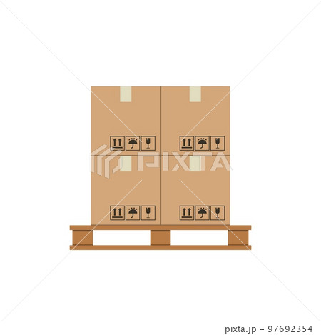 Crate boxes on wooden pallet. Cardboard box cargo pallets. Vector illustration 97692354