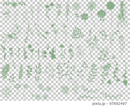 手描き線画の花と葉と植物の素材セット 97692497