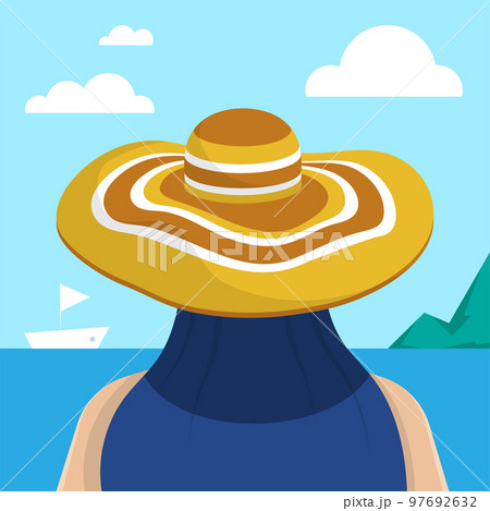 Young girl in wide brimmed hat looks at sea. Back view. Seascape, vacation at beach resort. Flat cartoon vector illustration 97692632