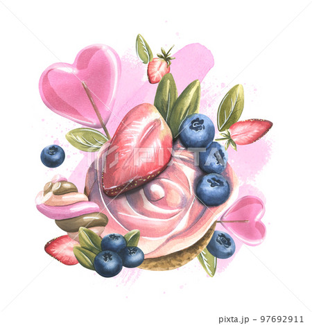 Cupcake cake with cream, pink heart-shaped lollipop, marshmallow, strawberry, blueberry. Watercolor illustration. A composition from the collection of SWEETS. For the design, design of menus, recipes 97692911