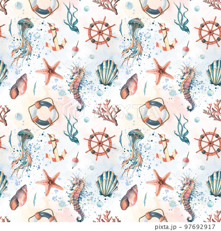 Marine life, steering wheel, anchor and lifebuoy. Watercolor illustration. Seamless pattern on a white background from the SYMPHONY OF THE SEA collection. For the design of fabrics, wallpaper 97692917