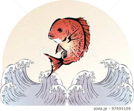 鯛　海　墨絵　浮世絵　手描き　和風　イラスト素材 97693109