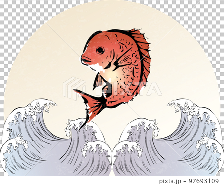 鯛　海　墨絵　浮世絵　手描き　和風　イラスト素材 97693109