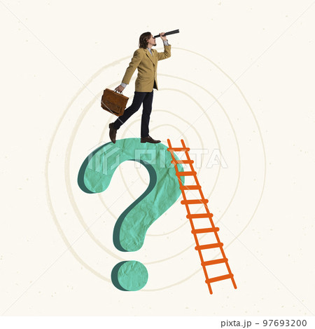 Contemporary art collage. Creative design. Employee, businessman looking for new innovations, project making Contemporary art collage. Creative design. Employee, businessman looking for new innovations, project making 97693200