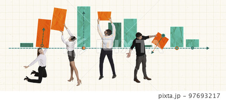 Contemporary art collage. Creative design. Well-coordinated teamwork. Employees working together on project, launching startup Contemporary art collage. Creative design. Well-coordinated teamwork. Employees working together on project, launching startup 97693217
