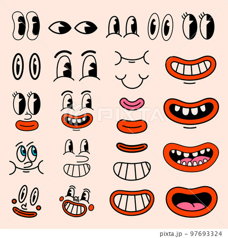 Retro cartoon characters funny faces. Vintage... - Stock Illustration  [97693324] - PIXTA