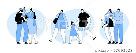 Set Loving Parents With Kids, Mother And Father Characters Holding Child On Hands, Hug Baby. Mom, Dad, Daughter And Son 97693528
