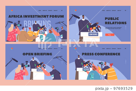 Briefing Landing Page Template Set. Black Man Speaking To Audience During Press Conference, Journalists With Microphones Briefing Landing Page Template Set. Black Man Speaking To Audience During Press Conference, Journalists With Microphones 97693529