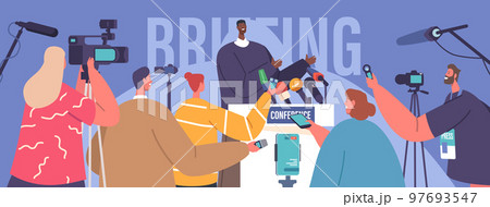 Press Conference, Briefing Concept. Black Man Speak To Audience, Journalists Or Press Media Workers With Microphones Press Conference, Briefing Concept. Black Man Speak To Audience, Journalists Or Press Media Workers With Microphones 97693547