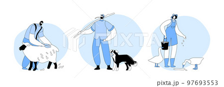 Set Farming Job, Husbandry Concept. Male And Female Farmer Characters Feed Poultry, Shearing Sheep, Shepherd With Dog Set Farming Job, Husbandry Concept. Male And Female Farmer Characters Feed Poultry, Shearing Sheep, Shepherd With Dog 97693553