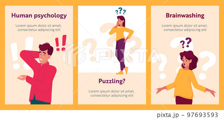 Puzzled People Cartoon Banners, Doubtful Male and Female Characters with Exclamation and Question Marks Thinking Puzzled People Cartoon Banners, Doubtful Male and Female Characters with Exclamation and Question Marks Thinking 97693593