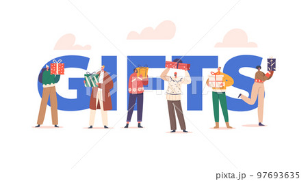 Gifts Concept With Happy People In Warm Winter Sweaters Hold Gift Boxes For Christmas Celebration Vector Illustration 97693635