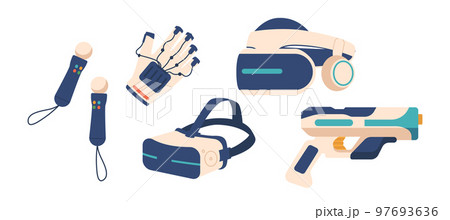 Set Of Accessories For Virtual Reality Entertainment. Vr Glasses, 360 Helmet Or Headset. Glove, Gamepads Or Joysticks 97693636