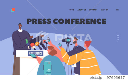 Press Conference Landing Page Template. Mass Media, Tv Broadcasting Event With Journalists Listening Black Man 97693637
