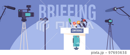 Press Conference Studio Interior, Empty Room With Tribune, Microphones And Cameras On Dark Blue Background 97693638