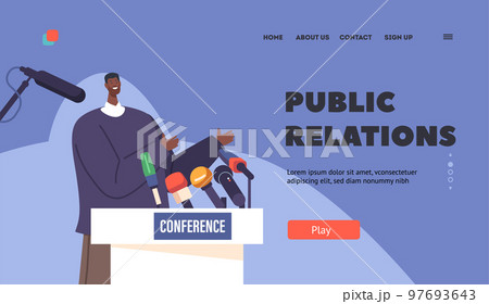 Public Relations Landing Page Template. Press Conference, Briefing Concept With Black Politician Man Speak To Audience 97693643
