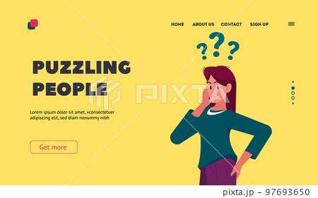 Doubts and Confusion Landing Page Template. Puzzling Female Character Stand Under Question Marks. Woman Thinking 97693650