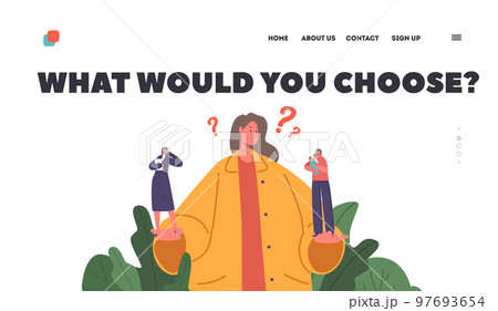 Maternity And Career Landing Page Template. Confused Woman Making Choice, Female Character Holding On Hands Maternity And Career Landing Page Template. Confused Woman Making Choice, Female Character Holding On Hands 97693654