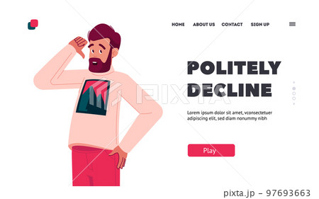 Politely Decline Landing Page Template. Bearded Adult Male Character Showing Refusal or Deny Gesture with Thumb Down Politely Decline Landing Page Template. Bearded Adult Male Character Showing Refusal or Deny Gesture with Thumb Down 97693663