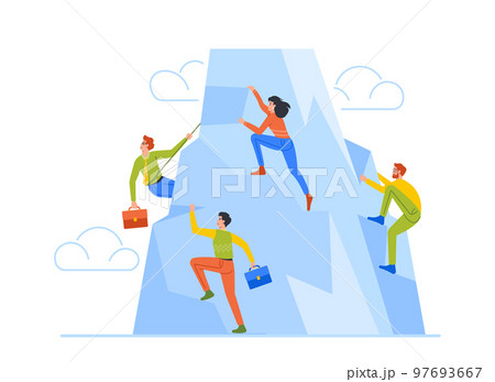 Business Characters Team Climbing At Mountain Peak. Business People Competition For Leadership, Contest, Challenge 97693667