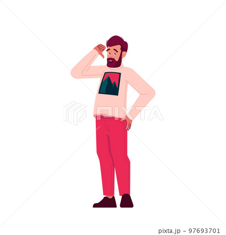 Bearded Adult Male Character Wearing Casual Clothes Showing Refusal Or Deny Gesture With Thumb Down. Negative Emotions 97693701