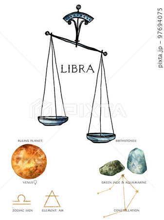 Watercolor zodiac poster of composition libra sign. Hand painted abstract card isolated on white background. Minimalistic gold linear illustration for design, print, fabric or background. Watercolor zodiac poster of composition libra sign. Hand painted abstract card isolated on white background. Minimalistic gold linear illustration for design, print, fabric or background. 97694075