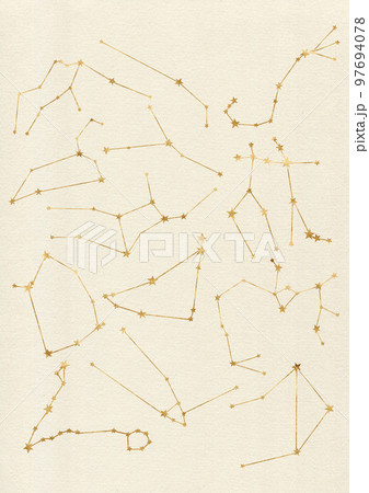 Watercolor poster of constellation with stars. Hand painted abstract card isolated on beige background. Minimalistic gold linear illustration for design, print, fabric or background. Watercolor poster of constellation with stars. Hand painted abstract card isolated on beige background. Minimalistic gold linear illustration for design, print, fabric or background. 97694078