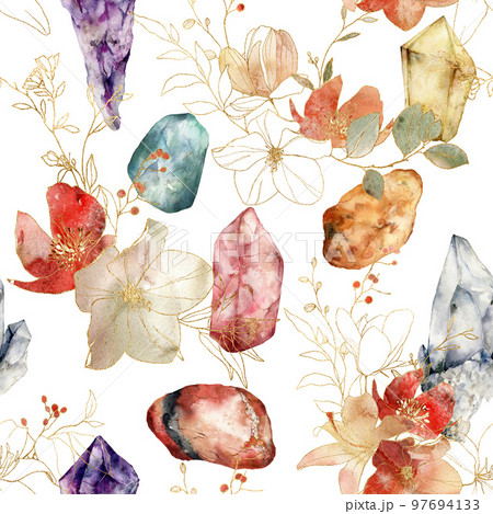 Watercolor linear seamless pattern of gemstones and flowers. Hand painted abstract composition isolated on white background. Minimalistic illustration for design, print, fabric or background. 97694133
