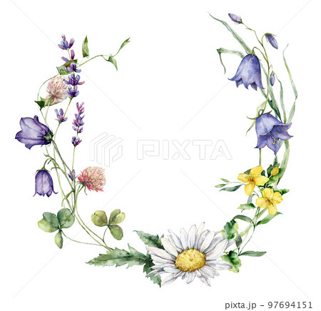Watercolor meadow flowers wreath of chamomile, campanula, clover and celandine. Hand painted floral card of wildflowers isolated on white background. Illustration for design, print, background. 97694151