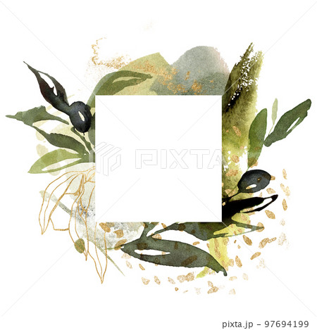 Watercolor square frame of black olives, leaves and gold branches. Hand drawn linear border of leaves and berries isolated on white background. Plant illustration for design, print or background. 97694199