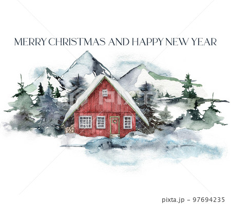 Watercolor Mery Christmas card of winter forest, house and mountains. Hand painted fir trees illustration isolated on white background. Holiday clip art for design, print, fabric or background. 97694235