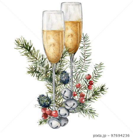 Watercolor Christmas composition of wine glasses, jingle bells and fir branches. Hand painted white wine isolated on white background. Holiday illustration for design, print, fabric or background. 97694236