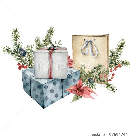 Watercolor Christmas composition of gift boxes, poinsettia and spruce branches. Hand painted holiday card of plants isolated on white background. Illustration for design, print, background. 97694244