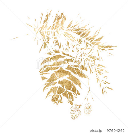 Watercolor Christmas minimalistic bouquet of gold spruce branch and pine cone. Hand painted plant isolated on white background. Floral holiday illustration for design, print, fabric or background. Watercolor Christmas minimalistic bouquet of gold spruce branch and pine cone. Hand painted plant isolated on white background. Floral holiday illustration for design, print, fabric or background. 97694262