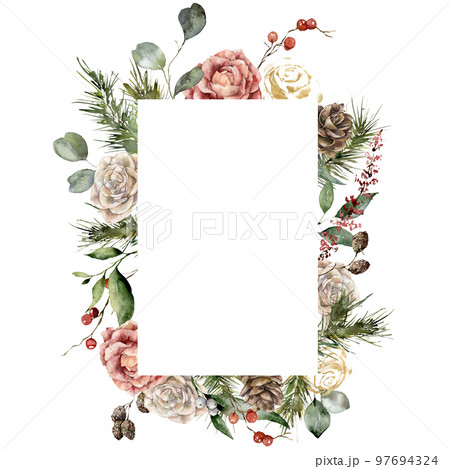 Watercolor Christmas vertical frame of roses, gold pine cones, berries and fir branches. Hand painted holiday card isolated on white background. Plant Illustration for design, print, background. 97694324