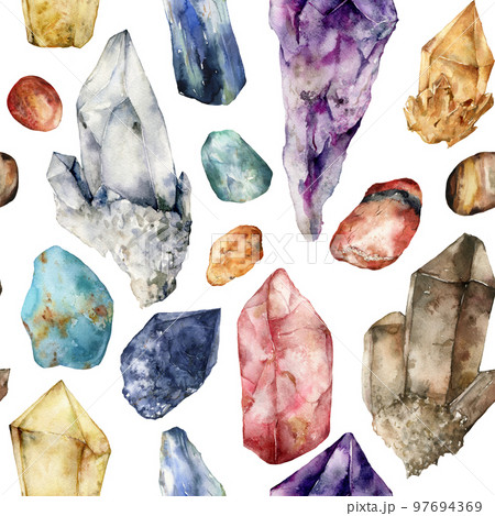 Watercolor esoteric gemstones seamless pattern. Hand painted exotic crystals isolated on white background. Illustration for design, print, fabric or background. 97694369