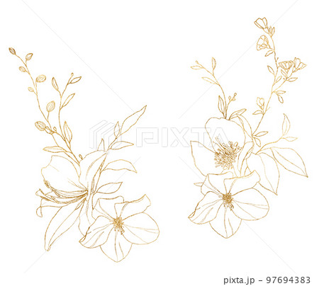 Watercolor gold linear bouquet of rose, ranunculus, lily, lotus and magnolia. Hand painted meadow flowers and leaves isolated on white background. Floral illustration for design, print or background. Watercolor gold linear bouquet of rose, ranunculus, lily, lotus and magnolia. Hand painted meadow flowers and leaves isolated on white background. Floral illustration for design, print or background. 97694383