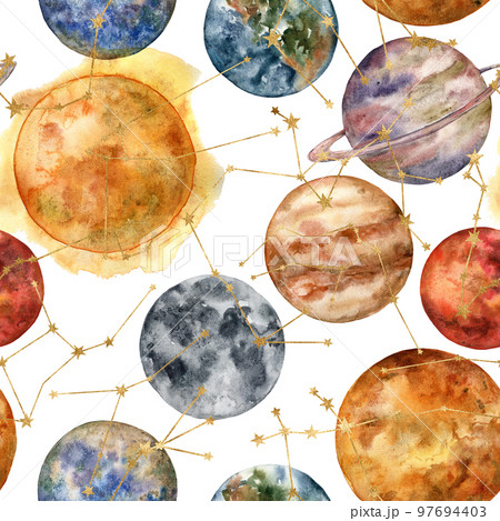 Watercolor seamless pattern of planets and...のイラスト素材 [97694403] - PIXTA