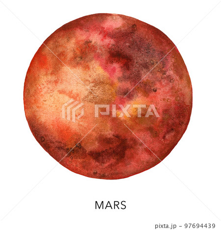 Watercolor abstract dark red Mars planet. Hand painted satellite isolated on white background. Minimalistic space illustration for design, print, fabric or background. Watercolor abstract dark red Mars planet. Hand painted satellite isolated on white background. Minimalistic space illustration for design, print, fabric or background. 97694439