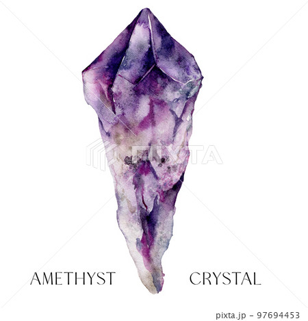 Watercolor abstract amethyst stone. Hand painted jewel stone isolated on white background. Minimalistic illustration for design, print, fabric or background. 97694453