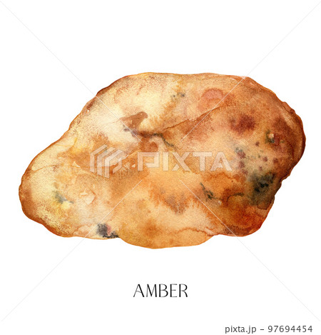 Watercolor abstract amber stone. Hand painted jewel stone isolated on white background. Minimalistic illustration for design, print, fabric or background. 97694454