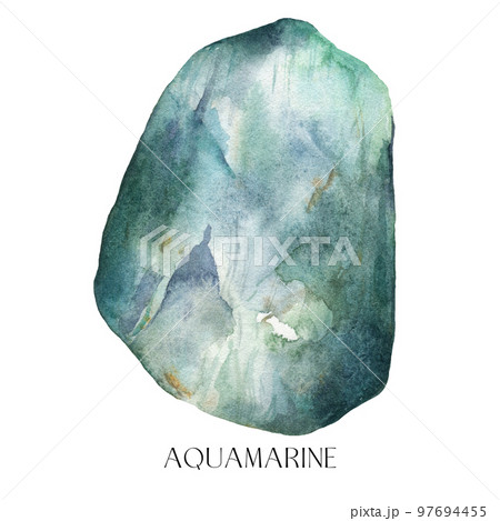 Watercolor abstract aquamarine stone. Hand painted jewel stone isolated on white background. Minimalistic illustration for design, print, fabric or background. 97694455