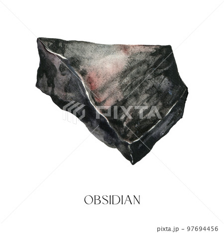 Watercolor abstract obsidian stone. Hand painted jewel stone isolated on white background. Minimalistic illustration for design, print, fabric or background. Watercolor abstract obsidian stone. Hand painted jewel stone isolated on white background. Minimalistic illustration for design, print, fabric or background. 97694456