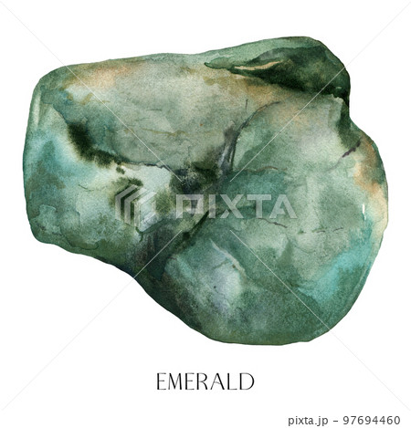 Watercolor abstract emerald stone. Hand painted jewel stone isolated on white background. Minimalistic illustration for design, print, fabric or background. 97694460