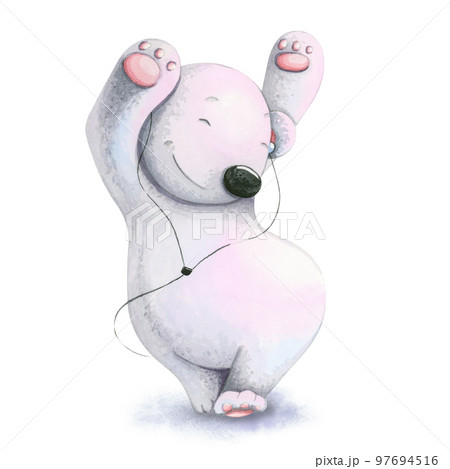 Cute bear listening music and dancing. Watercolor illustration. 97694516