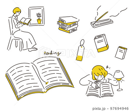 読書をする人や栞のセットイラスト　本　積読 97694946